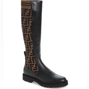 Fendi Knee High Black Leather/Sock Tan Monogrammed Boots, Size 36